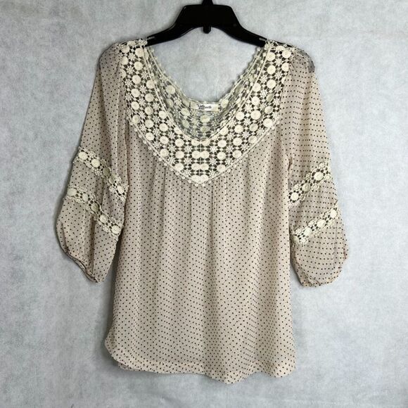 Laffaire Off White Lace Trim Semi Sheer Polka Dot 1/2 Sleeve Boho Blouse Sz SM - Picture 9 of 9
